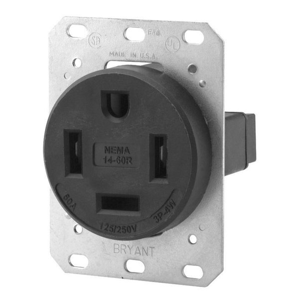 Bryant Receptacle, Flush Mount Single, 60A 125/250V, Reinforced Black Thermoplastic Polyester 9460FR